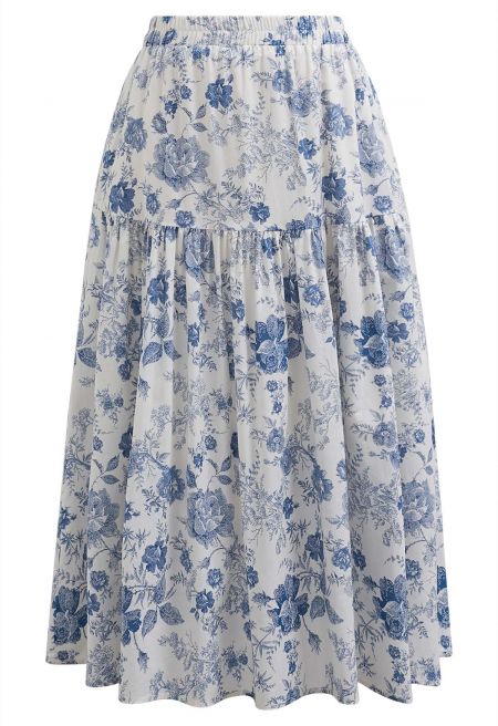 Blue Rose Printed Tiered Cotton Midi Skirt