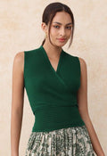 V-Neck Faux-Wrap Sleeveless Ribbed Knit Top in Dark Green