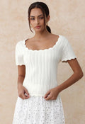 Scalloped Edge Pointelle Knit Top in Ivory