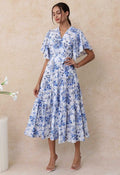 Swallow and Peony Printed Flutter Sleeve Faux-Wrap Dress