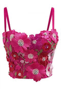 3D Floral Applique Rhinestone Bra Top in Magenta