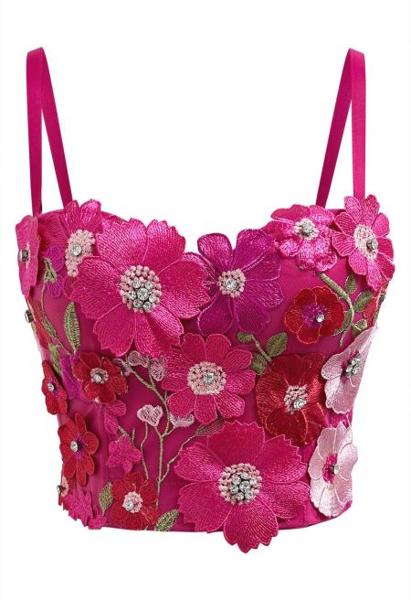 3D Floral Applique Rhinestone Bra Top in Magenta