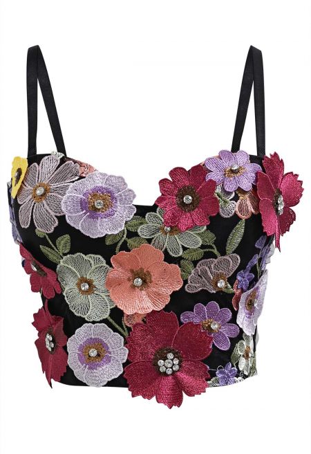 3D Floral Applique Rhinestone Bra Top in Black