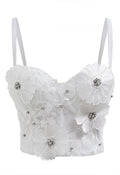 Solid Color Floral Applique Rhinestone Bra Top in White