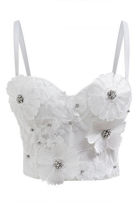 Solid Color Floral Applique Rhinestone Bra Top in White