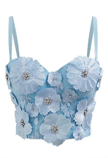Solid Color Floral Applique Rhinestone Bra Top in Light Blue