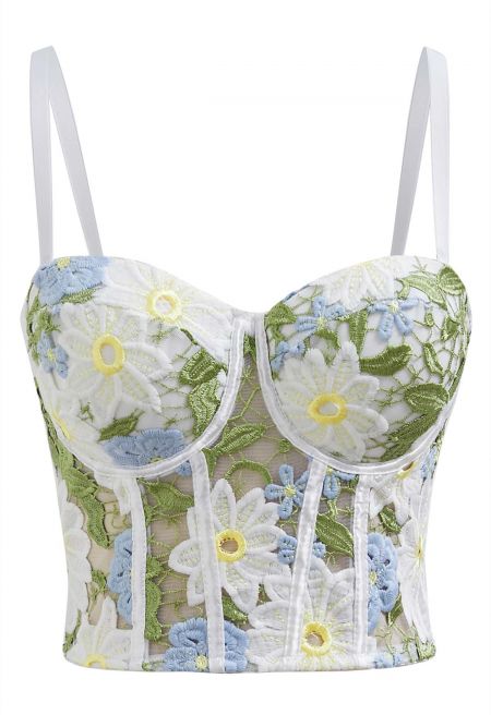 Dreamlike Floral Cutwork Embroidery Mesh Bra Top