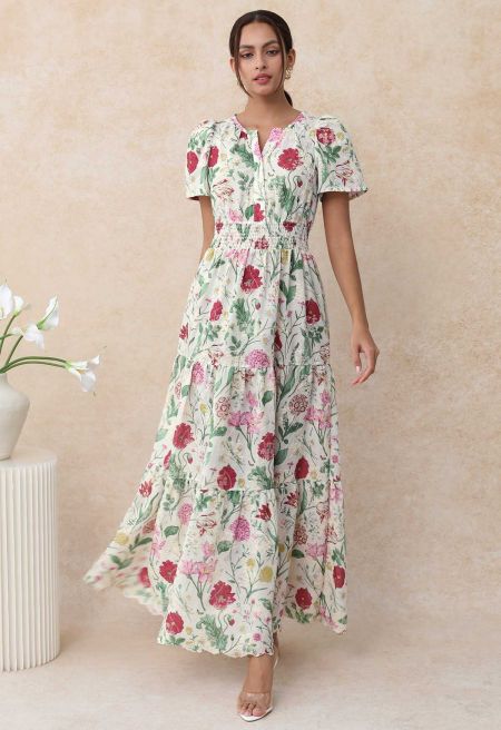 Ebullient Flower Embroidered Frilling Maxi Dress