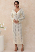 V-Neck Wavy Open-Knit Crochet Cover-Up Maxi Dress in Sand