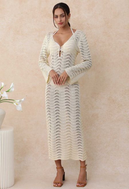 V-Neck Wavy Open-Knit Crochet Cover-Up Maxi Dress in Sand