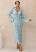 V-Neck Wavy Open-Knit Crochet Cover-Up Maxi Dress in Mint