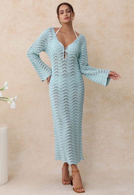V-Neck Wavy Open-Knit Crochet Cover-Up Maxi Dress in Mint