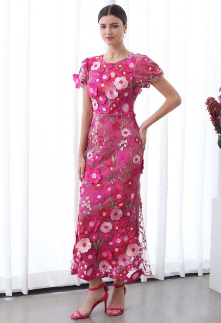 3D Floral Applique Mesh Tulle Mermaid Maxi Dress in Magenta