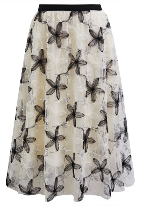 Floral Applique Sequin-Embellished Mesh Tulle Skirt in Black