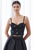 Solid Color Floral Applique Rhinestone Bra Top in Black