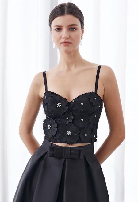 Solid Color Floral Applique Rhinestone Bra Top in Black