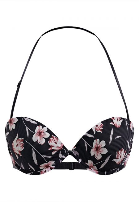 Floral Printed Halter Neck Push Up Bra Top in Black