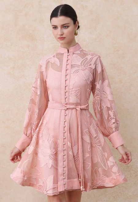 Embroidered Floral Belted Fishnet Midi Dress in Pink