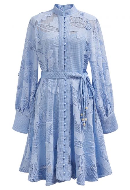 Embroidered Floral Belted Fishnet Midi Dress in Blue