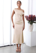 Slant Shoulder Ruched Waist Satin Dress in Cream
