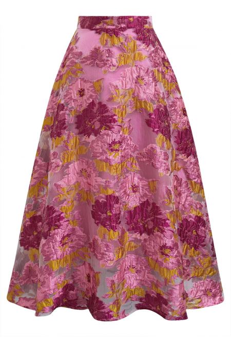 Ultra-Flattering Floral Jacquard A-Line Skirt in Hot Pink