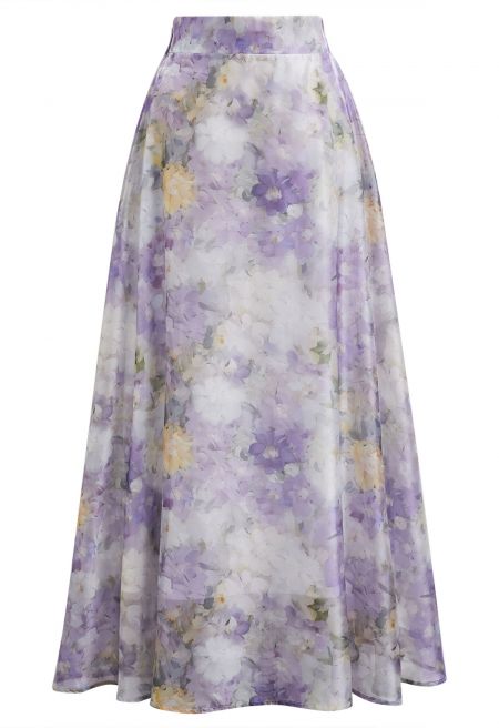 Blurry Floral Watercolor Half Waistband A-Line Maxi Skirt in Lilac
