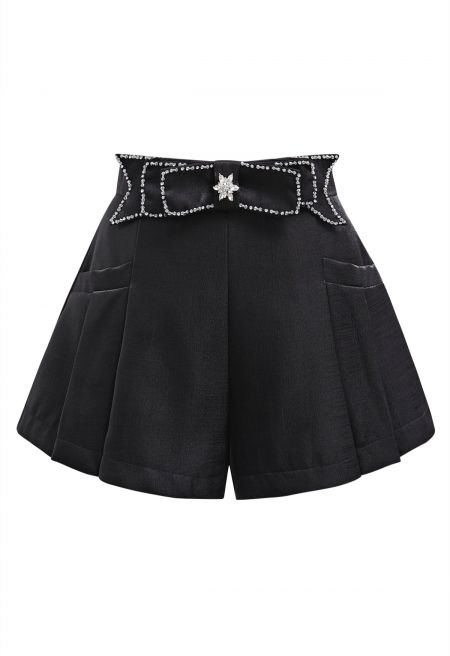 Delicate Rhinestone Bow Front Pocket Shorts in Black