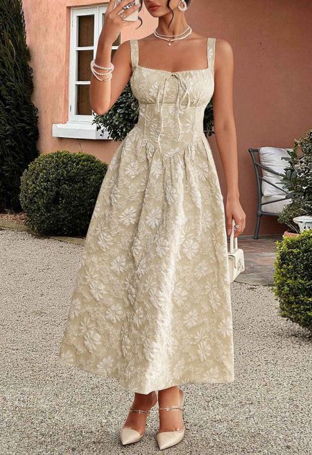 Floral Embossed Corset Waist Shirred Cami Dress