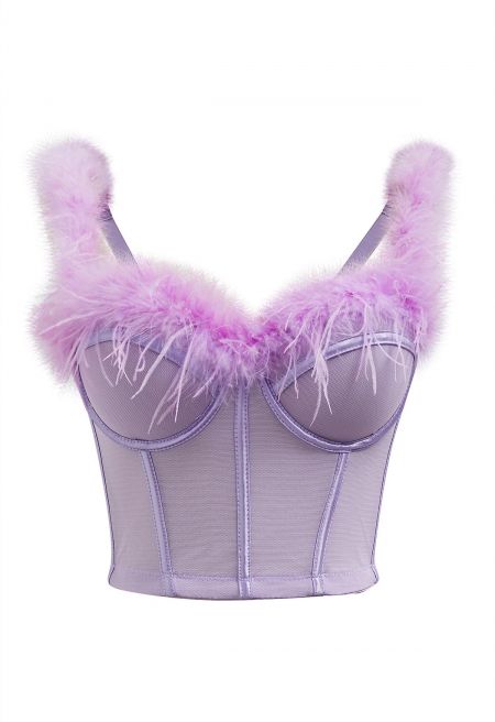 Feather-Embellished Bustier Top in Lilac