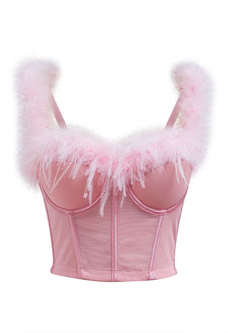 Feather-Embellished Bustier Top in Pink