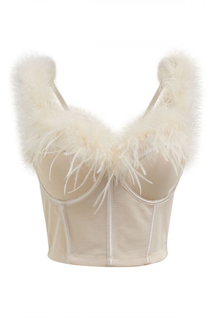 Feather-Embellished Bustier Top in Apricot