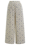 Lattice-Floret Illustrations Printed Wide-Leg Pants in Blue