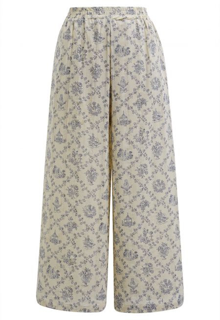 Lattice-Floret Illustrations Printed Wide-Leg Pants in Blue