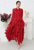 Cascade Ruffle Polka Dot Bowknot Chiffon Maxi Dress in Red