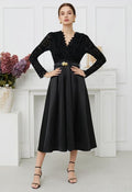 Velvet Floral Lace Spliced Belted Sheen Midi Dress in Black