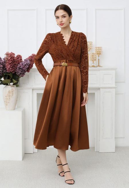 Velvet Floral Lace Spliced Belted Sheen Midi Dress in Caramel