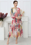 Floral Drift Button Down Ruffle Chiffon Maxi Dress