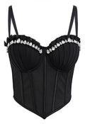 Pear-Shaped Rhinestone Pleated Mesh Bra Top in Black