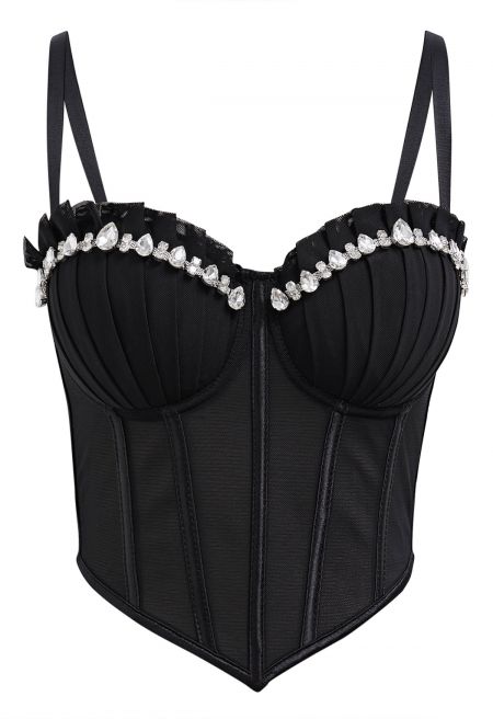 Pear-Shaped Rhinestone Pleated Mesh Bra Top in Black