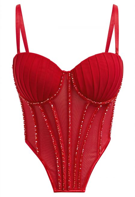 Bead Embellished Pleated Mesh Bustier Top in Red
