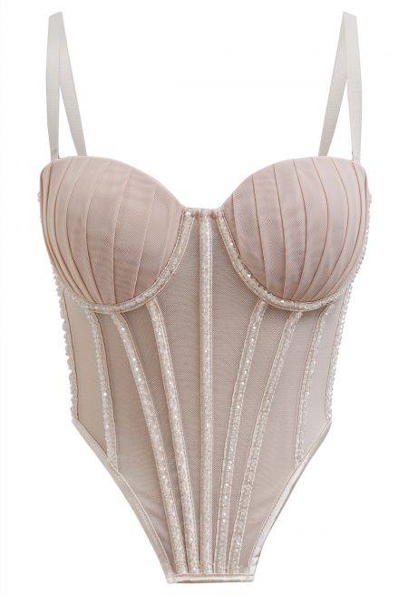 Bead Embellished Pleated Mesh Bustier Top in Nude