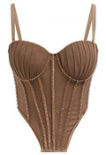 Bead Embellished Pleated Mesh Bustier Top in Brown