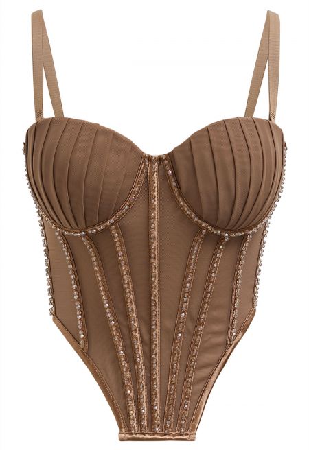 Bead Embellished Pleated Mesh Bustier Top in Brown