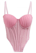Bead Embellished Pleated Mesh Bustier Top in Pink
