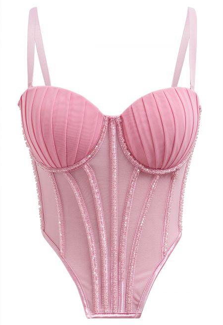 Bead Embellished Pleated Mesh Bustier Top in Pink