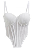 Bead Embellished Pleated Mesh Bustier Top in White