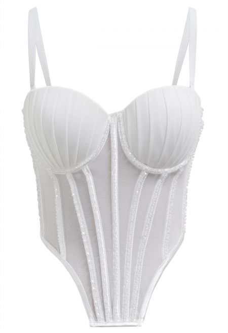 Bead Embellished Pleated Mesh Bustier Top in White
