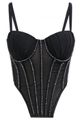 Bead Embellished Pleated Mesh Bustier Top in Black