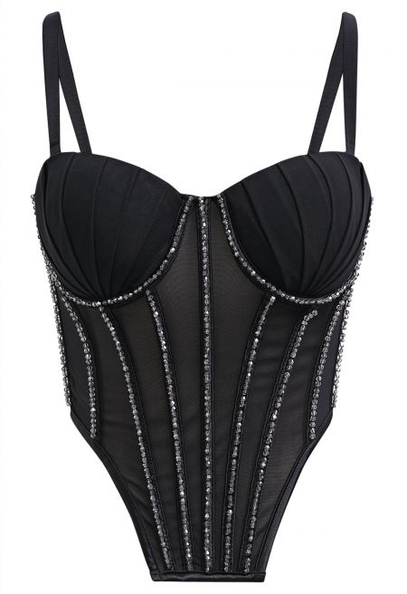 Bead Embellished Pleated Mesh Bustier Top in Black