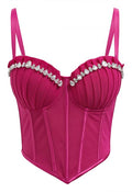 Pear-Shaped Rhinestone Pleated Mesh Bra Top in Hot Pink